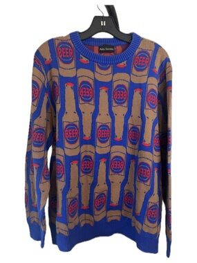 Vintage 90’s Alex Stevens Men’s Blue Brown red Crewneck Sweater w/Beer Motif